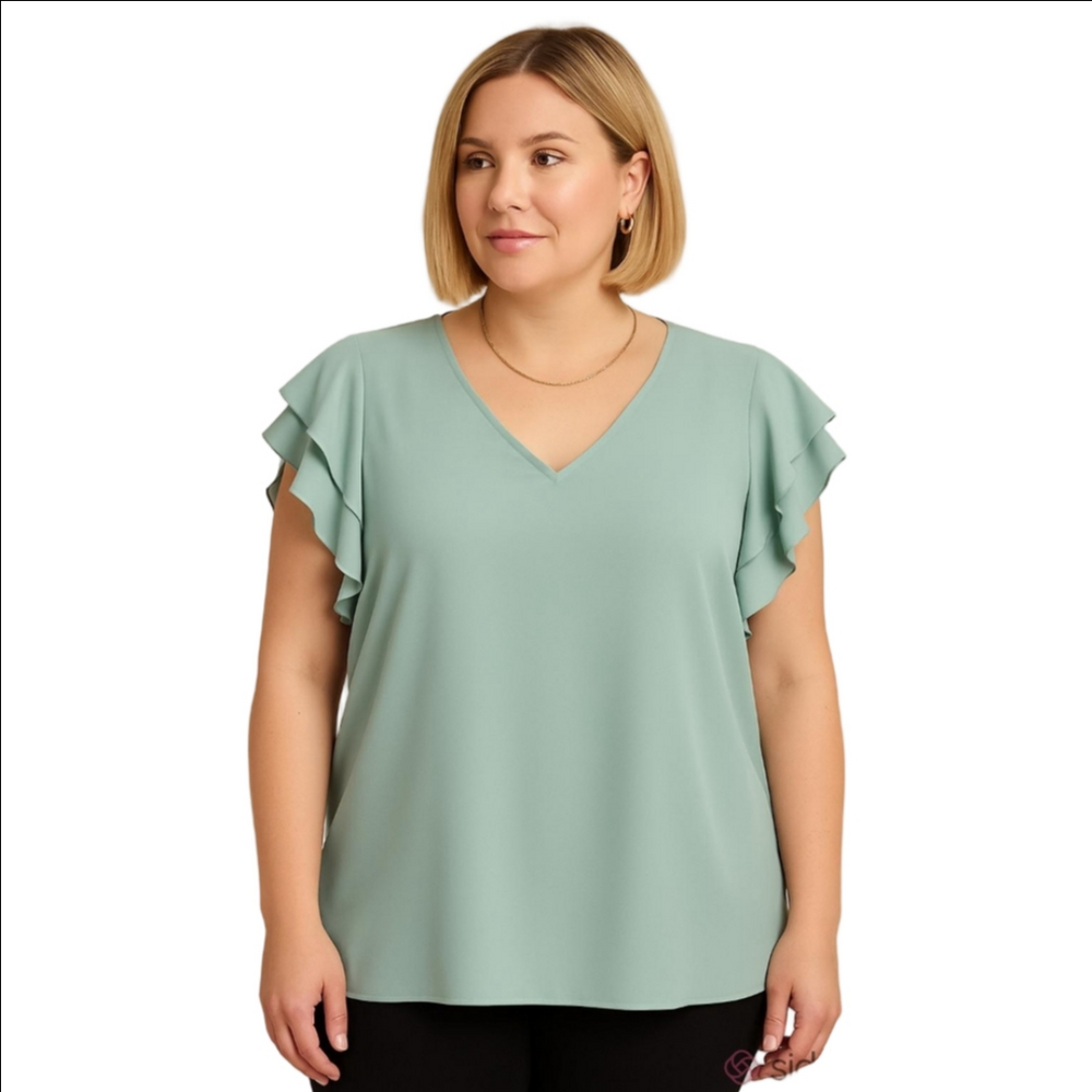 MAURICES Flutter Sleeve V neckline Soft sage green Blouse Sz XXL Like New